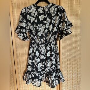 Black and white floral mini ruffle dress